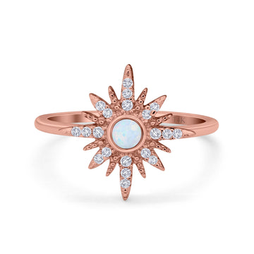 14K Rose Gold Cluster Starburst Ring Round Lab Created White Opal Bridal Simulated CZ Wedding Engagement Size-7